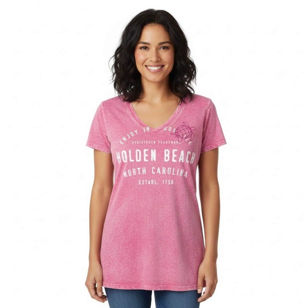 EMI Holden Beach North Carolina Graphic V Neck T Shirt Pink Acid Wash Size S Y2K